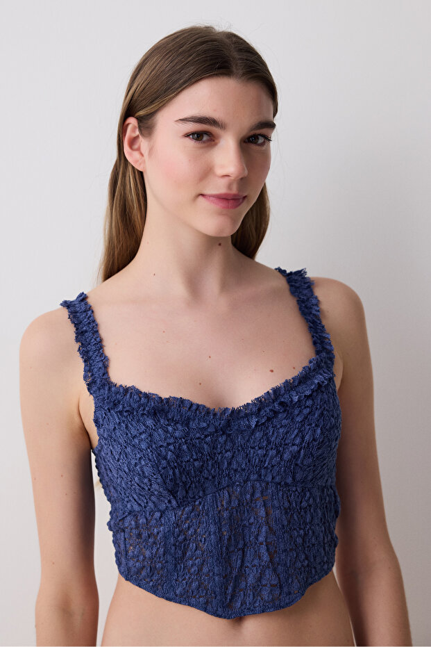 Crinkle Lace Corset Navy Blue Bustier