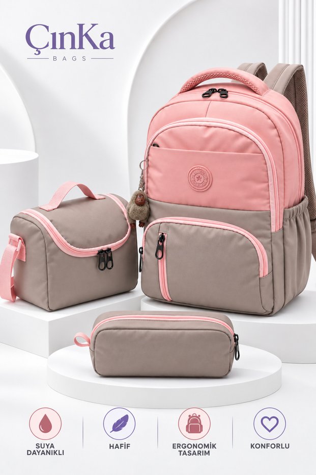 Waterproof Fabric Foil Backpack with Lunch Box and Pen Holder Primary School Bag Set of 3