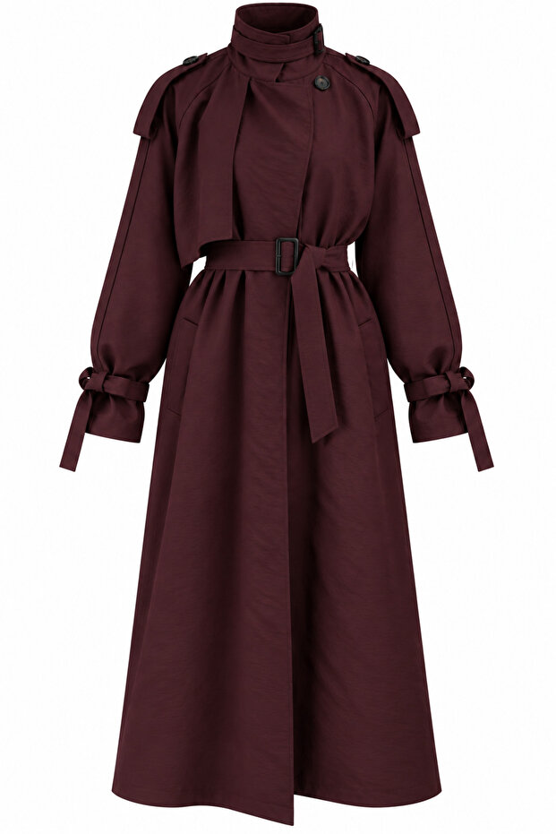 Burgundy Belted Premium Oversize Trench Coat - 8646
