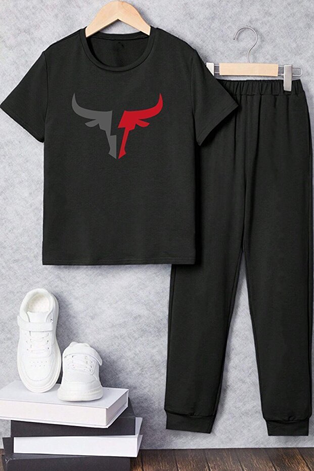 Children's Bull Printed Top and Bottom Tracksuit Set