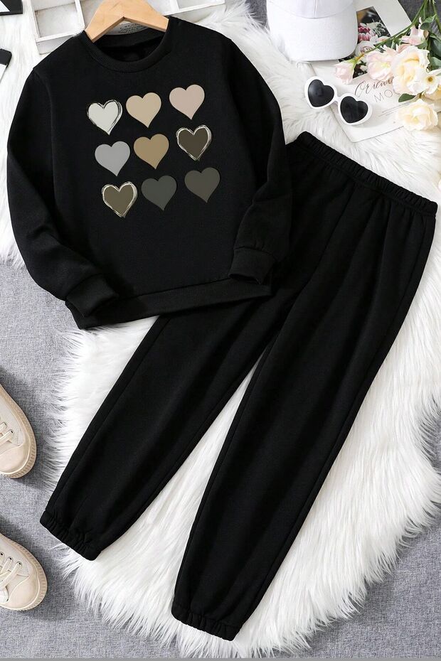 Unisex Kalp Printed Crew Neck Sweatshirt - 2-Piece Tracksuit Set