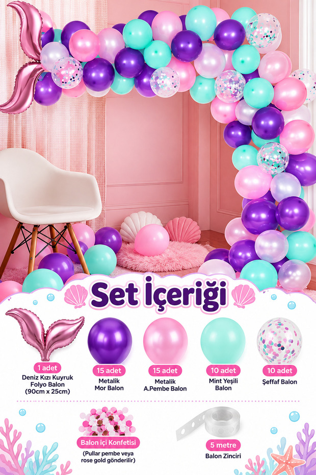 Mermaid Themed "pink" Tail Foil And 50 Balloons + 5mt Balloon Chain Concept Birthday Party Set