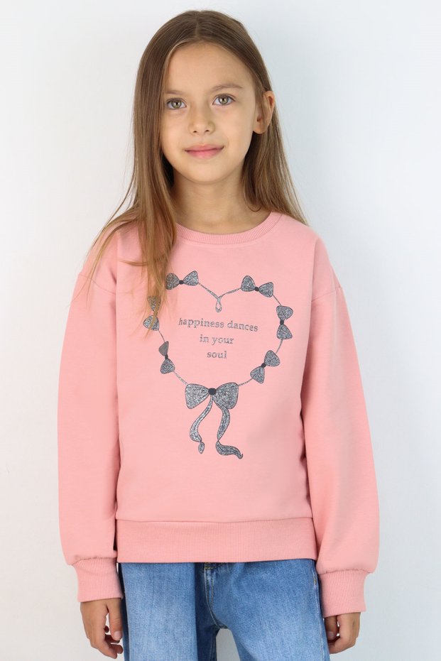 Girl's Sweatshirt with Glitter Ribbon and Heart Print, Ages 9-14, Dried Rose