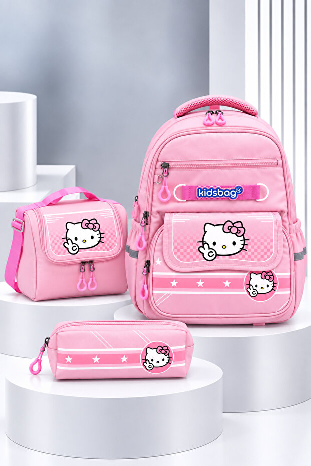 Set of 3 Primary School Bags Character Patterned Set Foil Lunchbox Girl's First School Backpack