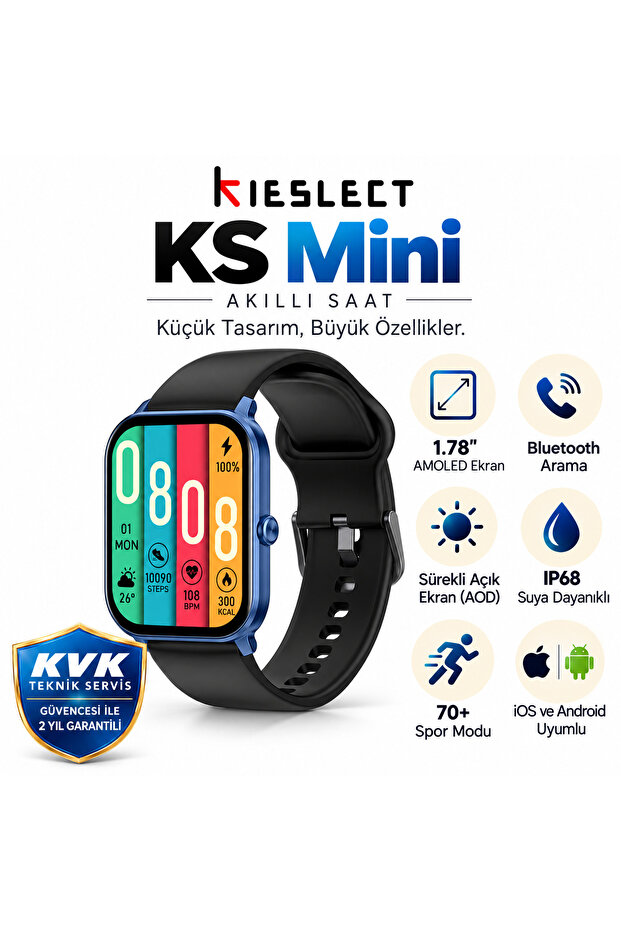 Ks Mini Amoled Ekranlı Akıllı Saat Mavi