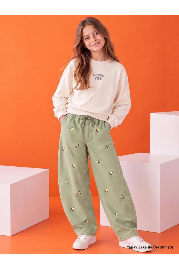 Floral Embroidered Pants for 10-13 Years Old - Green