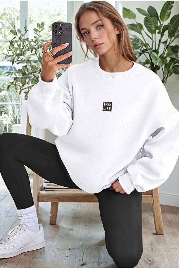 Women's White Free Life Printed 0 Crew Neck Oversize Loose Loose Cut Fleece Sweatshirt