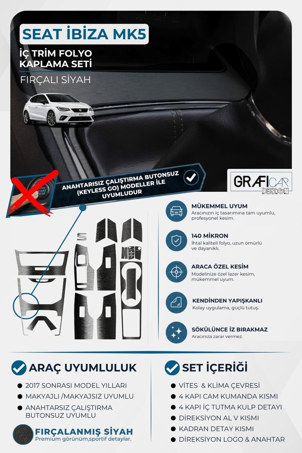 Seat Ibiza Mk5 Interior Trim Cover Set | Compatible Without the Start Button | Brushed Black