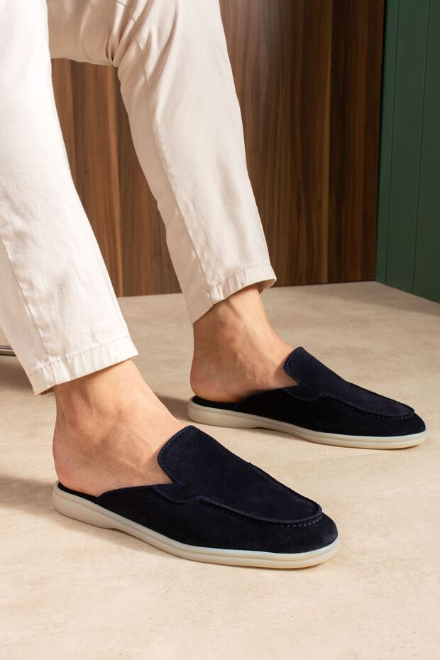 Zrc2625 - Firenze Genuine Leather Casual Men's Slippers Navy Blue
