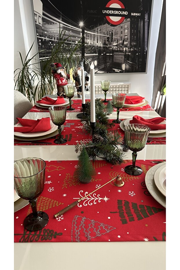 New Year Tree Themed Red Christmas Runner