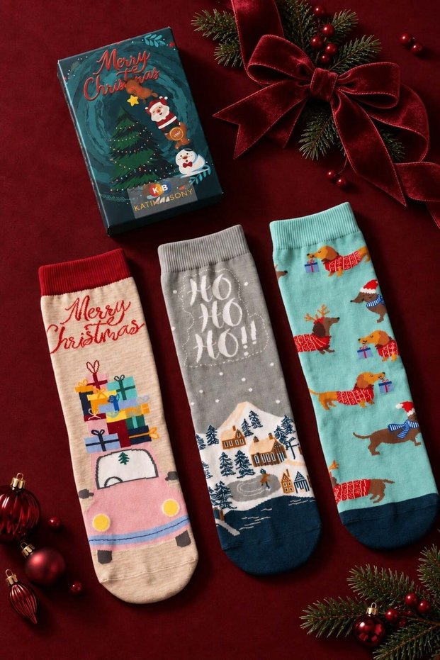 Unisex 3-Pack Cotton New Year's-Themed Boxed Ankle Socks