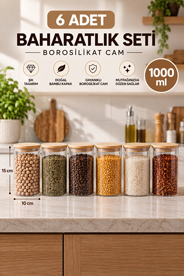 Vacuum Bamboo Lid Borosilicate Glass Jar Set - 6-Piece 1000 ml Food Storage Container (10X15 cm)