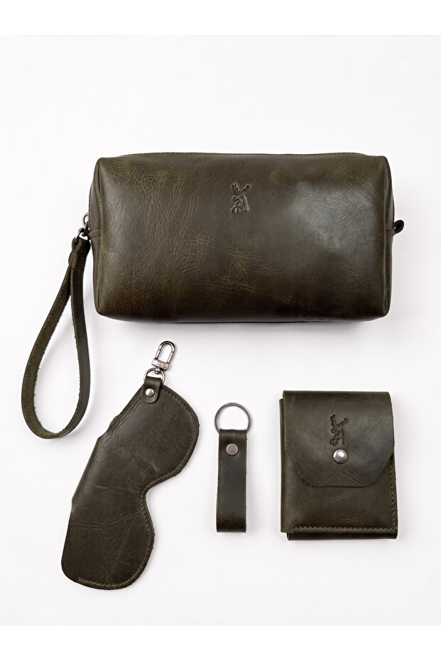 100% Genuine Crazy Leather Minimalist 5-Piece Accessory Set: Handbag - Wallet - Card Holder - Glasses Case - Keychain Set
