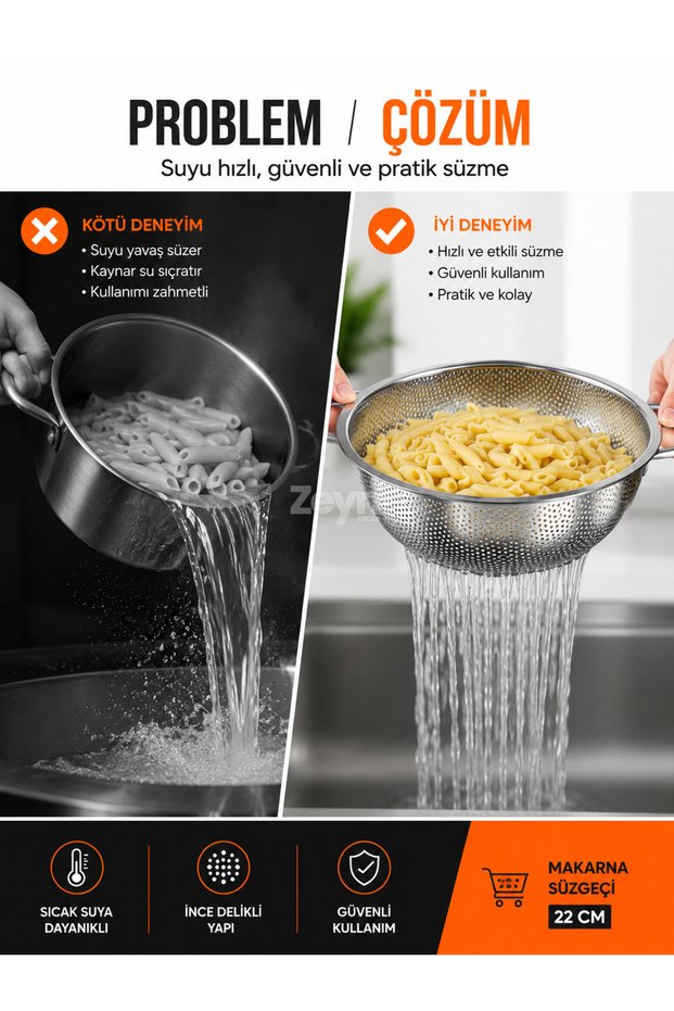 Stainless Steel Pasta Strainer 22 cm |   Double Handle Metal Vegetable and Fruit Washing and Straining Colander