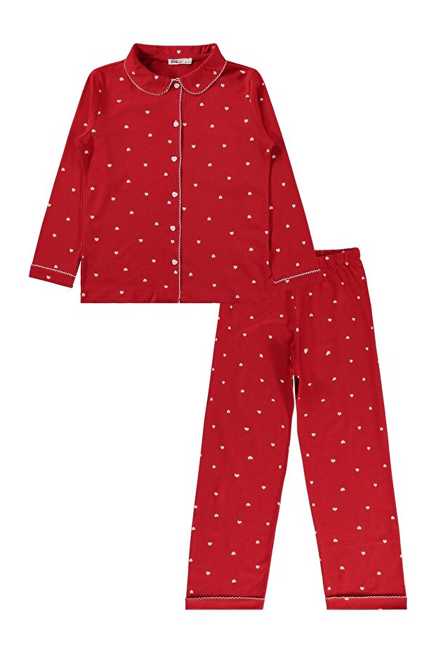 Girl's Hearted Pajama Set | Single Jersey Long Sleeve | School Nursery and Daily Use - Red