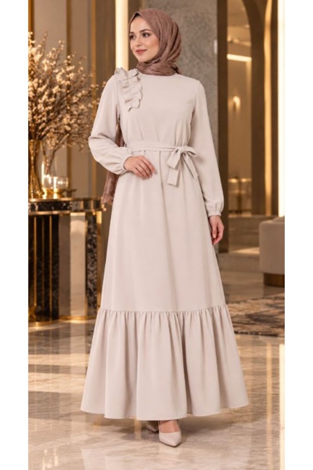 Crepe Fabric Shoulder Ruffle Dress Ecru