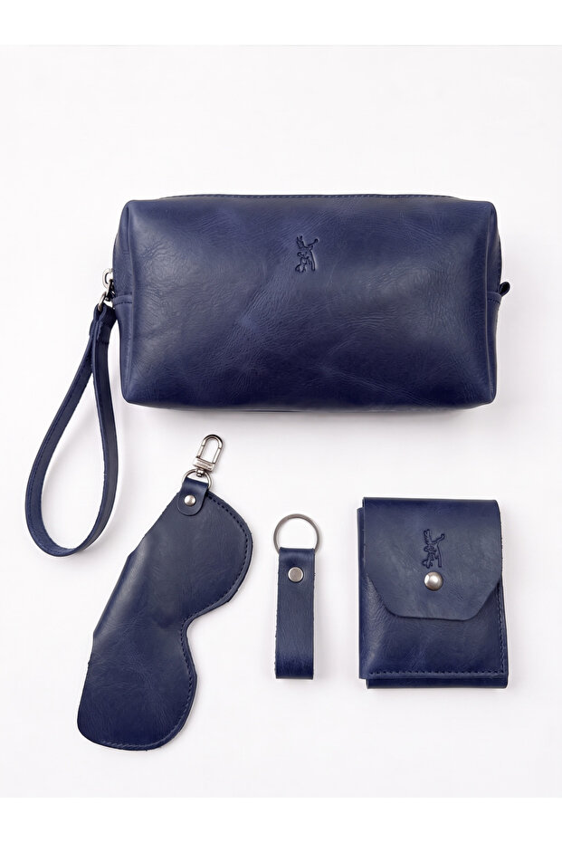 100% Genuine Crazy Leather Minimalist 5-Piece Accessory Set: Handbag - Wallet - Card Holder - Glasses Case - Keychain Set