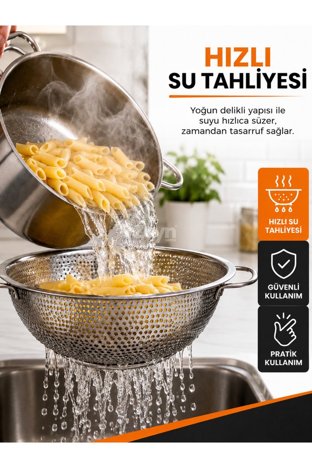Stainless Steel Pasta Strainer 25 cm |   Double Handle Metal Vegetable and Fruit Washing and Straining Colander