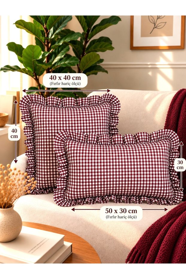 Iris Cotton Linen Burgundy Mini Gingham Ruffled Throw Pillow Cover 1 Pc