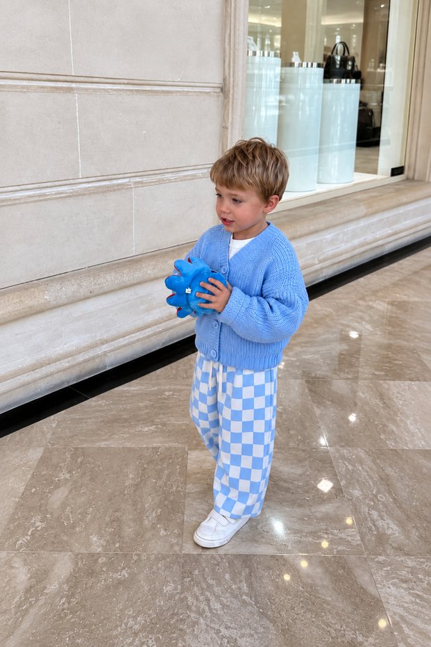 Boy's 100% Cotton Knitwear Cardigan Checkered Pants Set