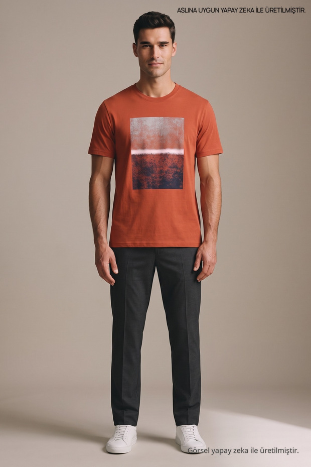 Orange Men's Block Printed Crew Neck Loose Fit T-Shirt