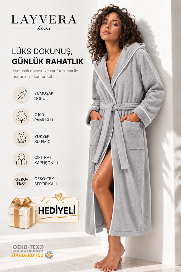 Unisex Gray Bathrobe 100% Cotton | High Quality, Hooded and Ribbed