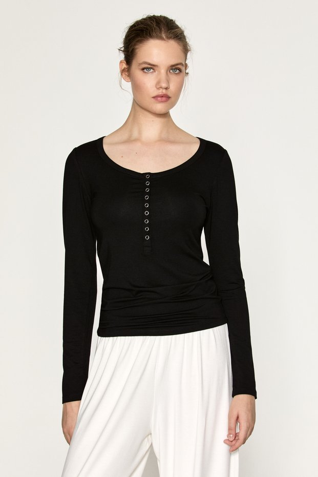 Ciara Women's Soft and Flexible Fabric Round Neck Button Closure Long Sleeve Black Blouse