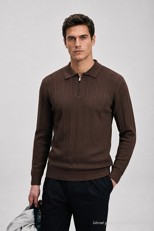 Men's Woven Detailed Zippered Dark Brown Polo Knit Sweater