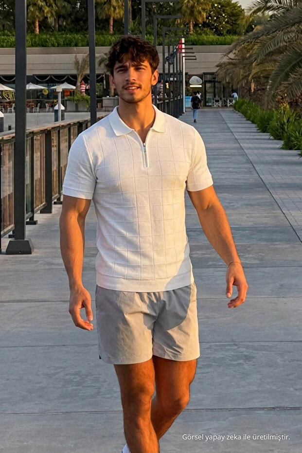 Men's Patterned Casual Knitwear White Polo Neck t Shirt