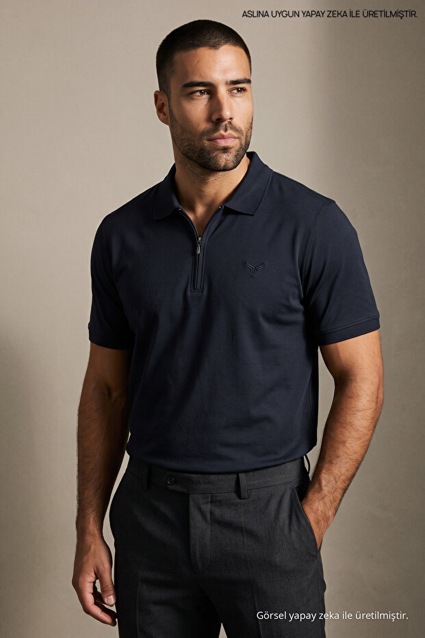 Men's Trend Loose Navy Blue Polo Half-Zip T-Shirt