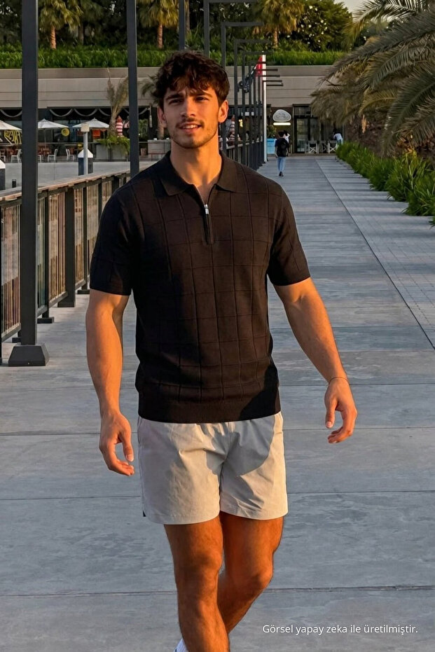 Men's Patterned Casual Knitwear Black Polo Neck t Shirt