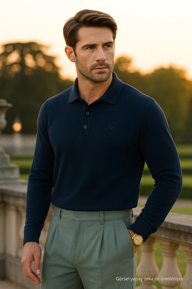 Men's Casual Polo Neck Long Sleeve Navy Blue T-Shirt