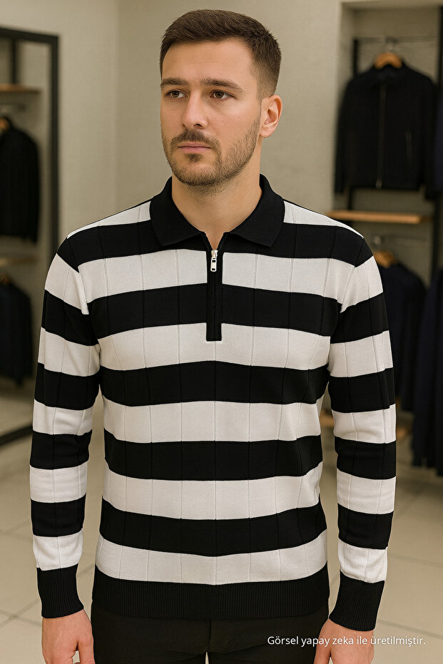 Men's Casual Long Sleeve Black Knitwear Striped Sweater