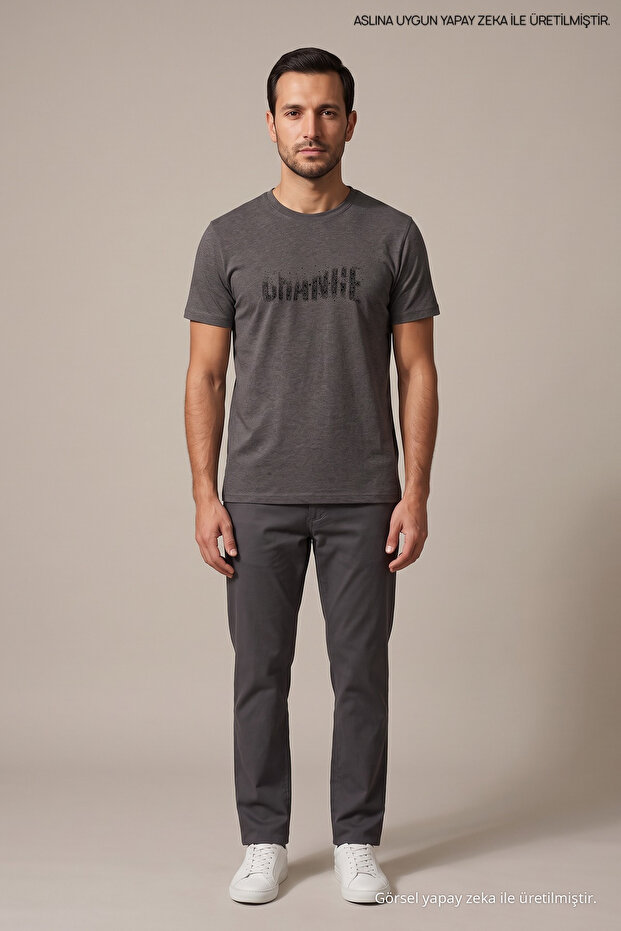 Dark Gray Men's Change Printed Crew Neck Loose Fit T-Shirt