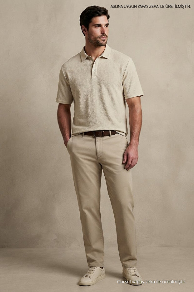 Men's Casual Textured Short Sleeve Beige Polo Collar T-Shirt