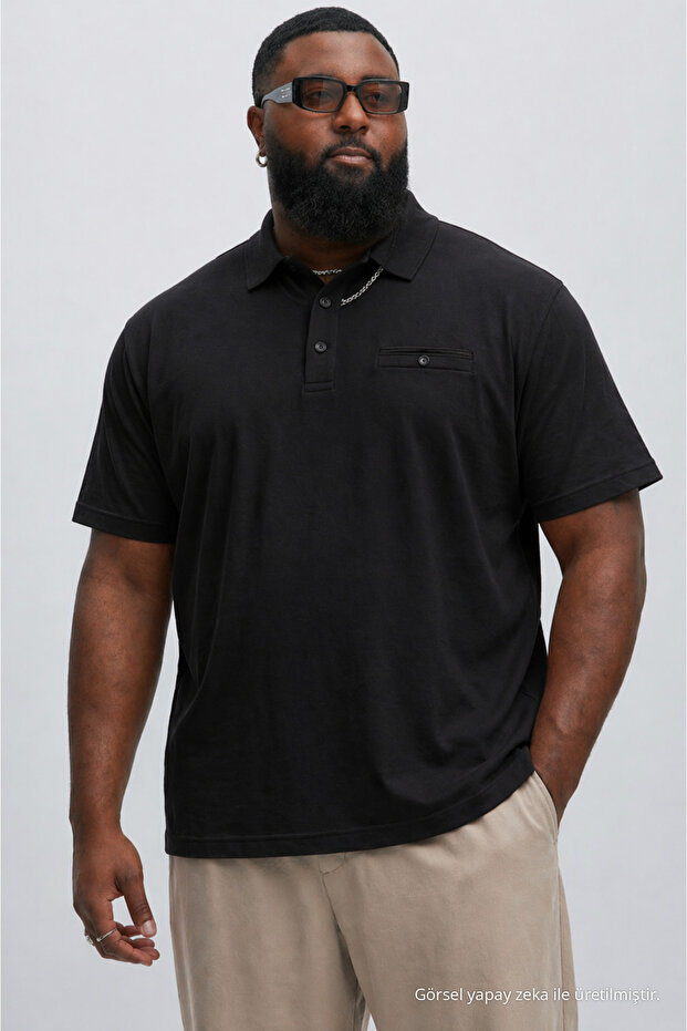 Men's Large Size Summer Cotton Black Polo Collar T-Shirt