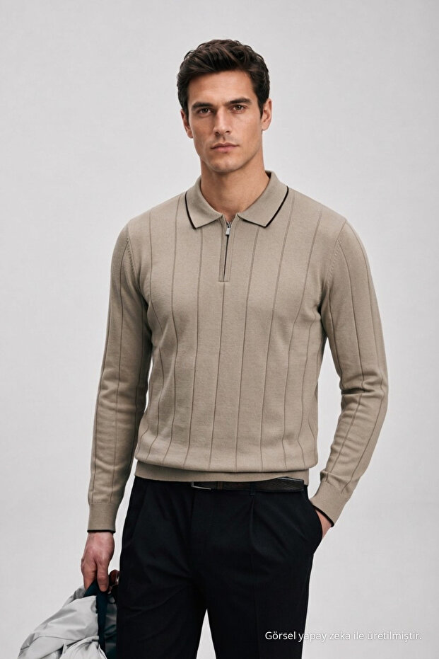 Men's Casual Polo Collar Zippered Beige Striped Knit Sweater
