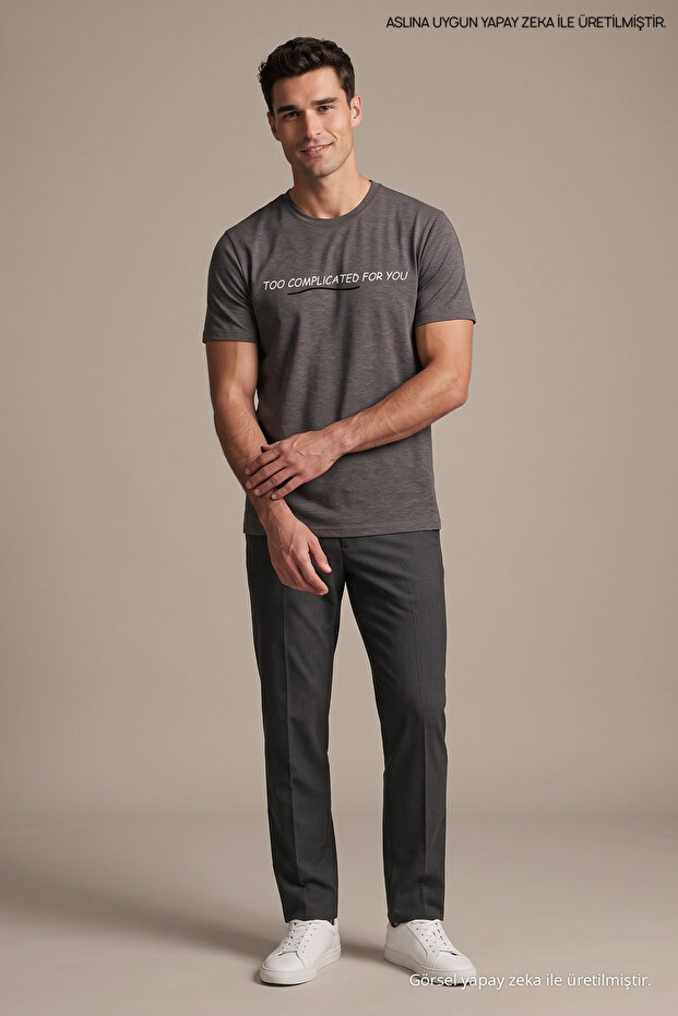 Dark Gray Men's Too Complicated Printed Crew Neck Loose Fit T-Shirt