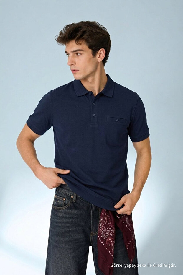 Men's Relax Fit Navy Blue Pocket Polo Collar t Shirt