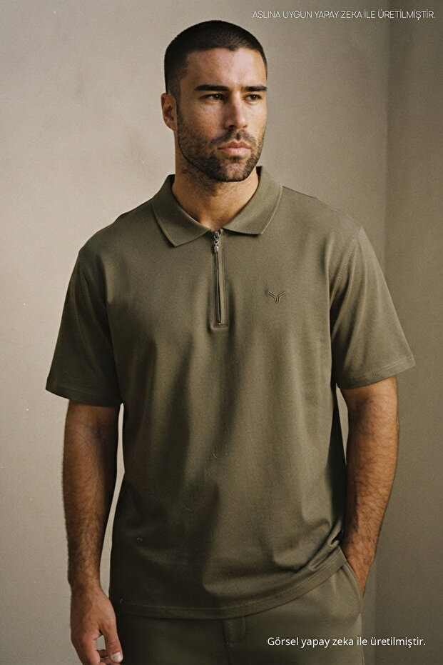 Men's Trend Loose Khaki Polo Half Zipper T-Shirt
