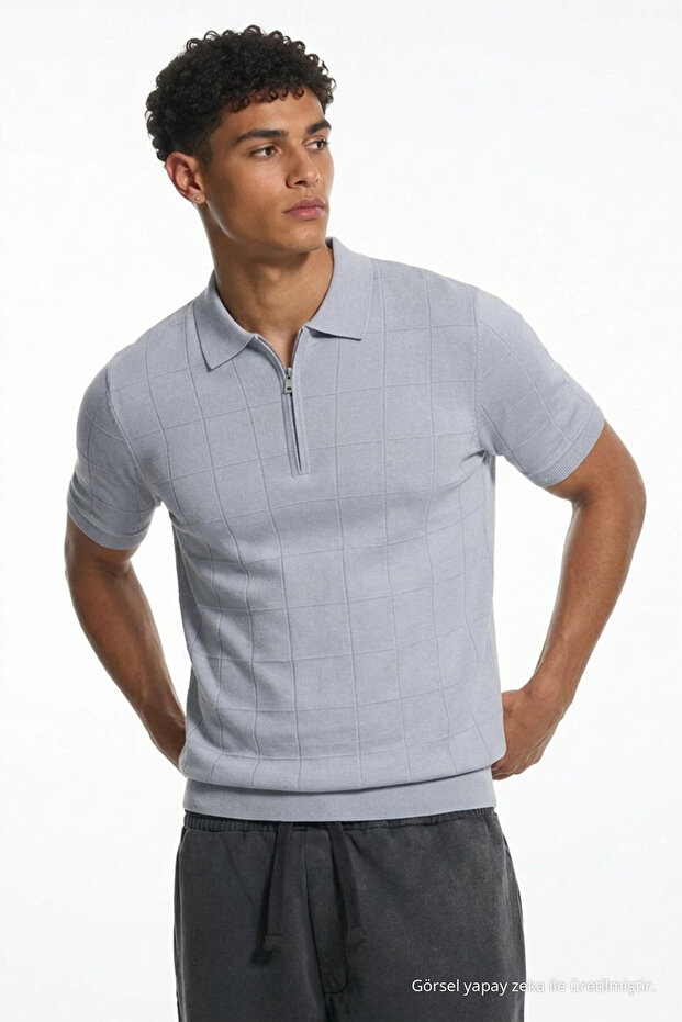 Men's Striped Knitwear Comfortable Fit Gray Polo Collar t Shirt
