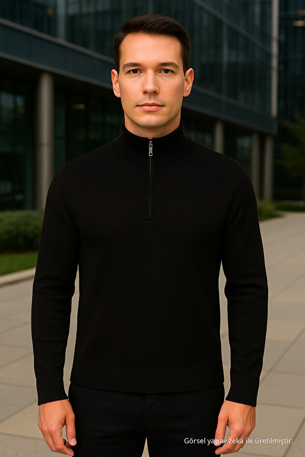Men's High Neck Zippered Black Sweatshirt Knitwear Sweater