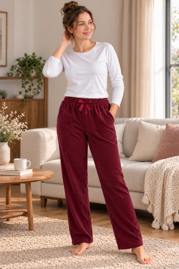 Women's Burgundy Fleece Pocket Winter Thick Sleepwear Bottoms