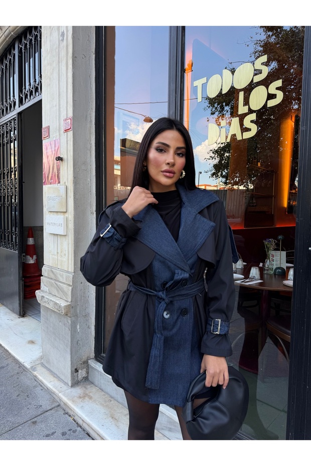 Imported Cashmere & Denim Fabric Belted Sleeve Belt Detail Lined Design Trench Coat