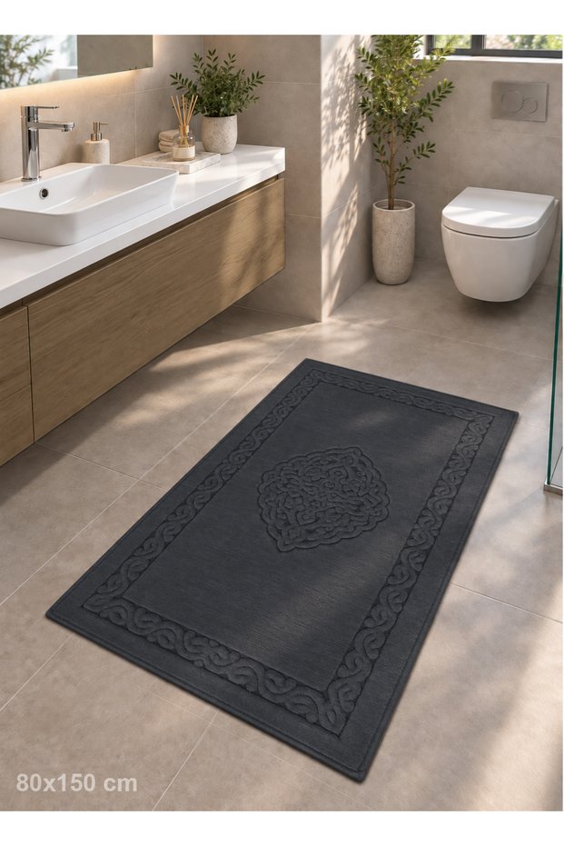 Cotton Woven Water Absorbent Bath Mat, Bathroom Rug Victoria 80 X 150 cm Anthracite