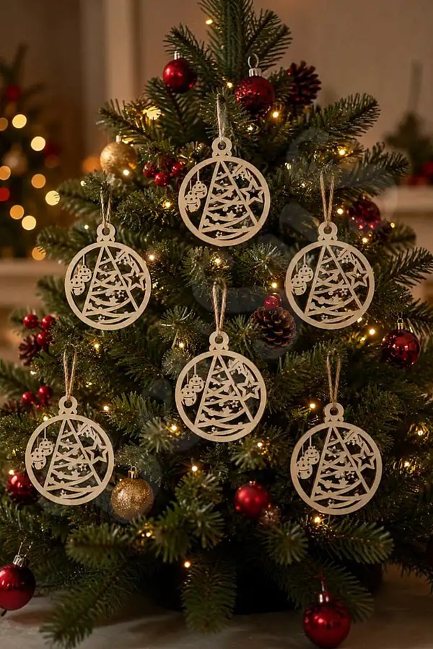 Christmas Tree Ornament Wooden Pine Tree Set of 6