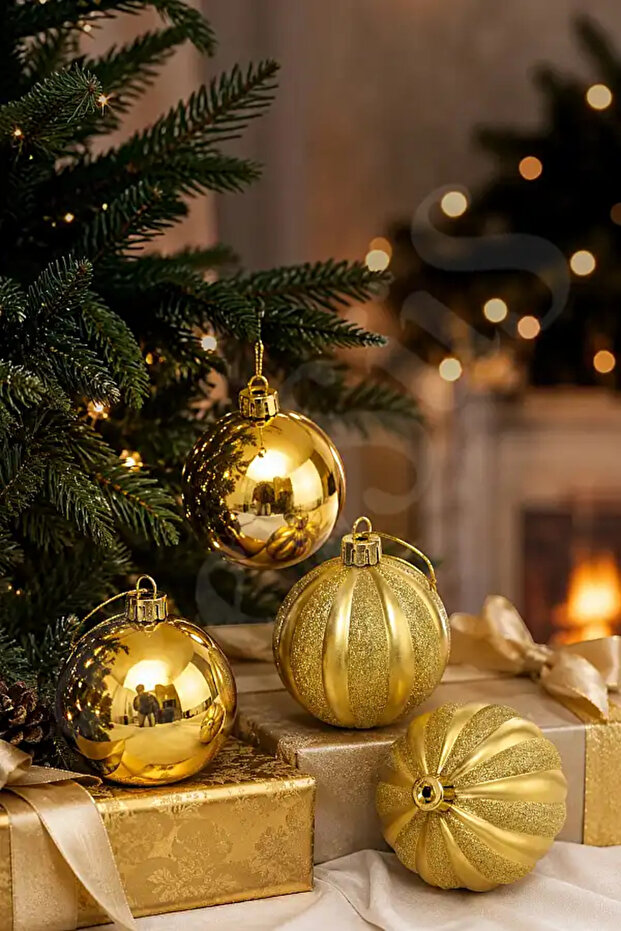 Christmas Pine Tree Ornament Set of 4 Gold Balls 10 cm