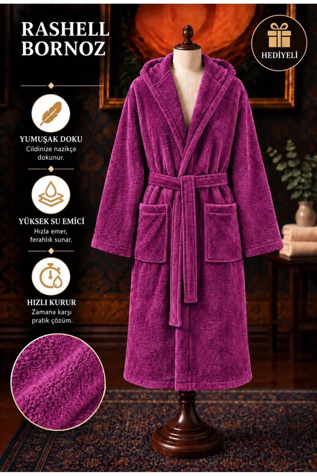 Unisex Rashell Bathrobe with Hood and Belted Pockets – Soft Textured High Water Absorbent Unisex Bath and Shower Robe