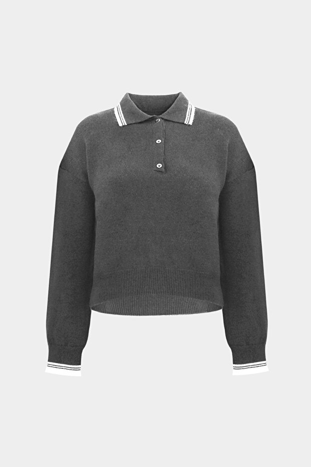 Premium Striped Polo Neck Women's Wool Blended Knitwear Sweater