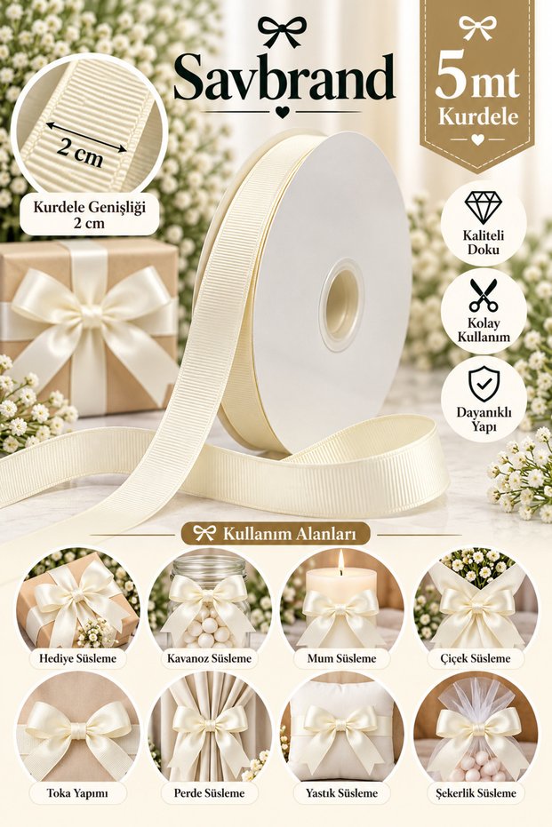 2 cm Grogren Ribbon 5 Yards – Decorative Hobby, Embellishment, Gift Wrapping, and Craft Ribbon